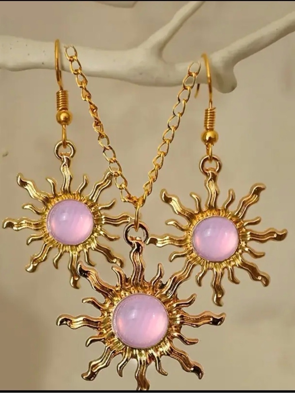 Gold Sunburst Pendant Necklace & Earrings Set with Pink Cabochon